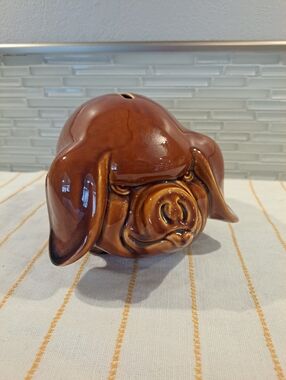 Vtg DARTMOUTH POTTERY Brown Glazed 'Grumpy Pig' Piggy Bank